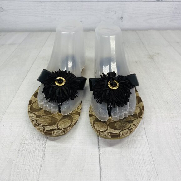 Coach Woman SUKI Leather Brown Khaki Logo Fringe Flower Flat Slide Sandals Sz 7 - Picture 4 of 14